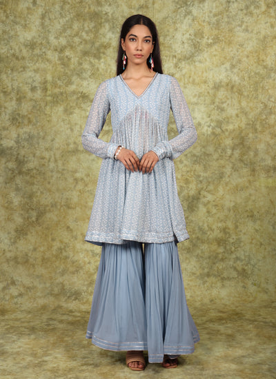 Aqua Motif Peplum Sharara Set