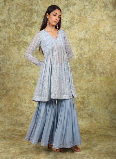 Aqua Motif Peplum Sharara Set