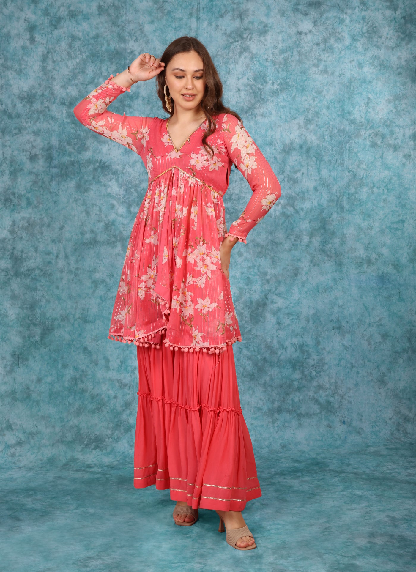 French Rose Peplum Sharara Set