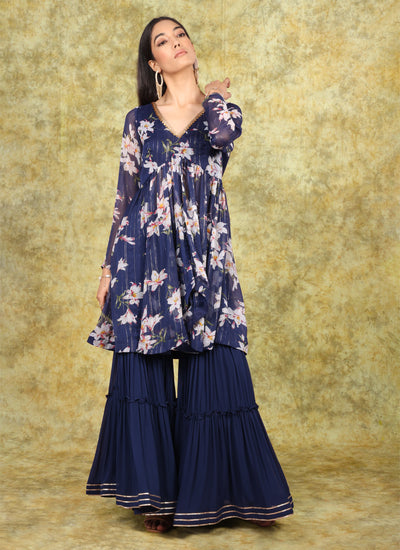 Berry Blue Peplum Sharara Set