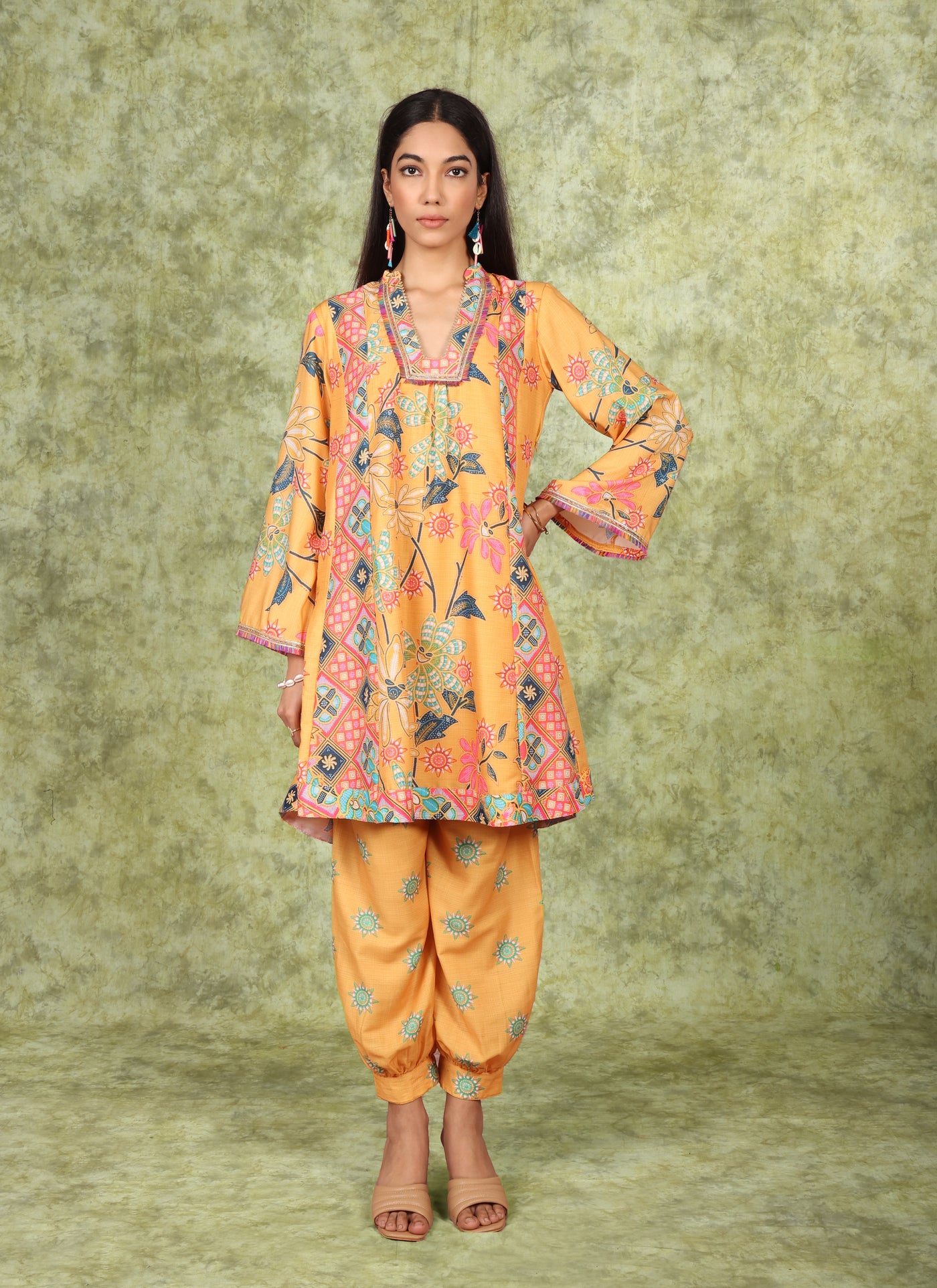 Marigold Patola Print Tunic Kurti Set