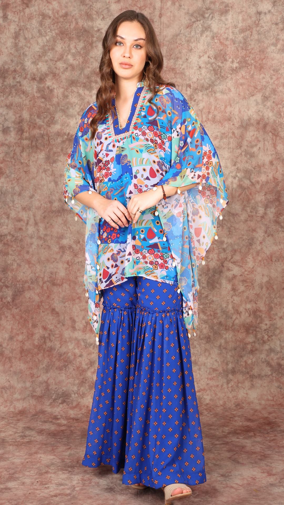 Abstract Tropical Print Kaftan Kurti and Sharara Set