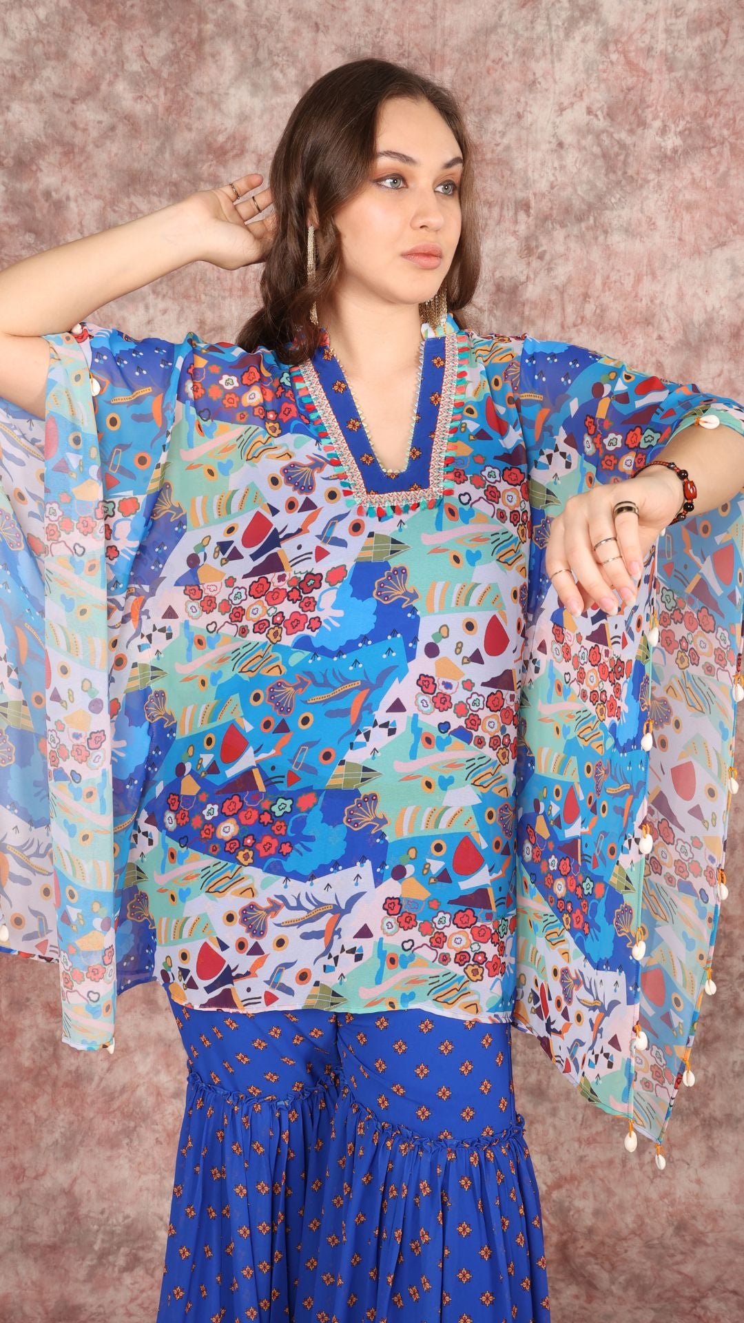 Abstract Tropical Print Kaftan Kurti and Sharara Set