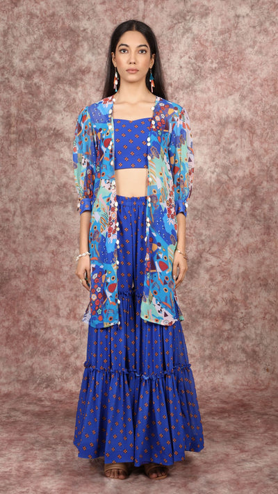 Abstract Tropical Print Cape and Sharara Set