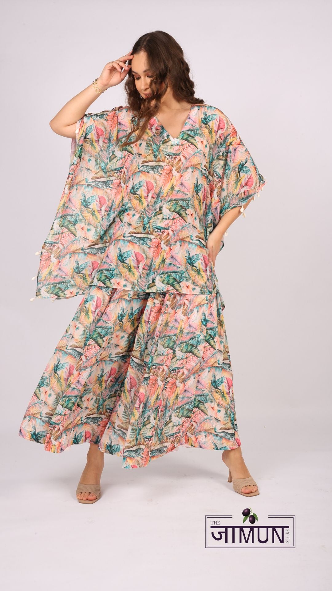 Tropical Bird Print Kaftan & Gharara Set