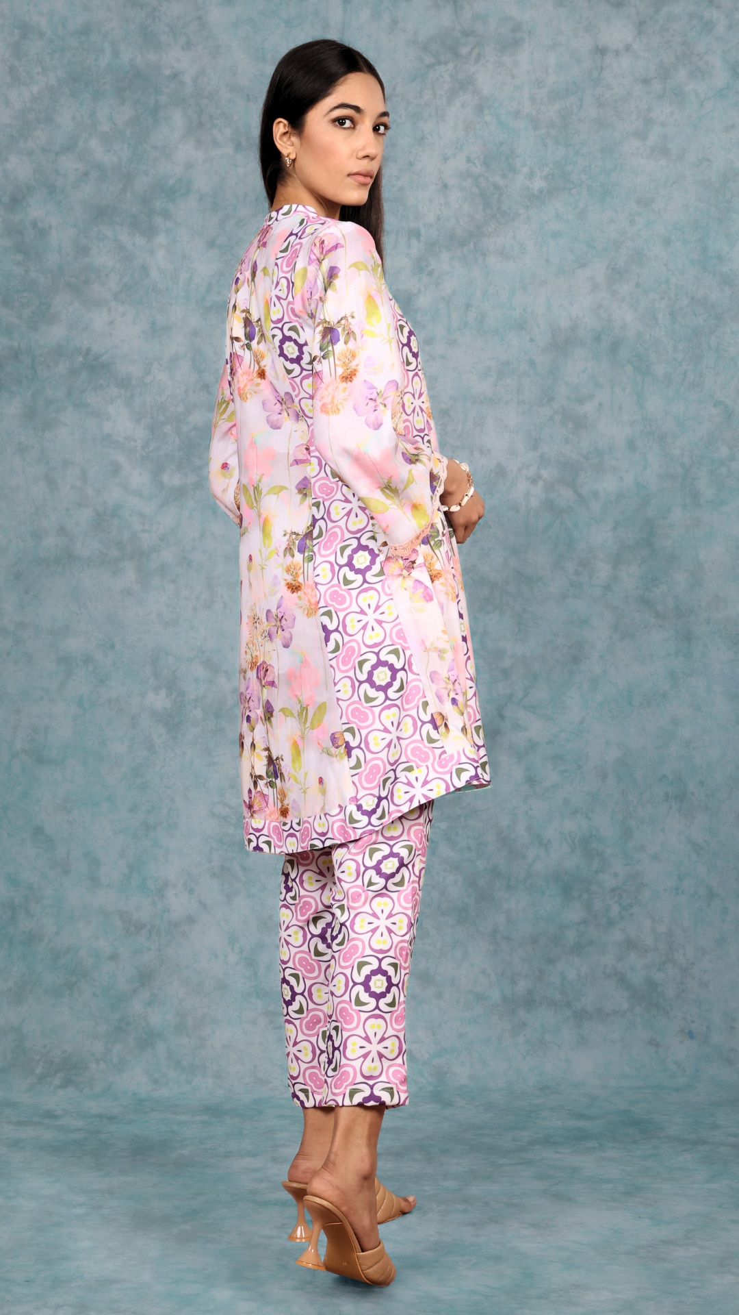 Lilac floral print Tunic Kurti Set