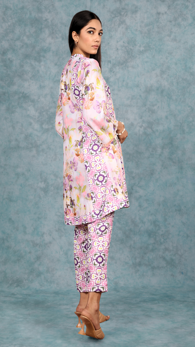 Lilac floral print Tunic Kurti Set