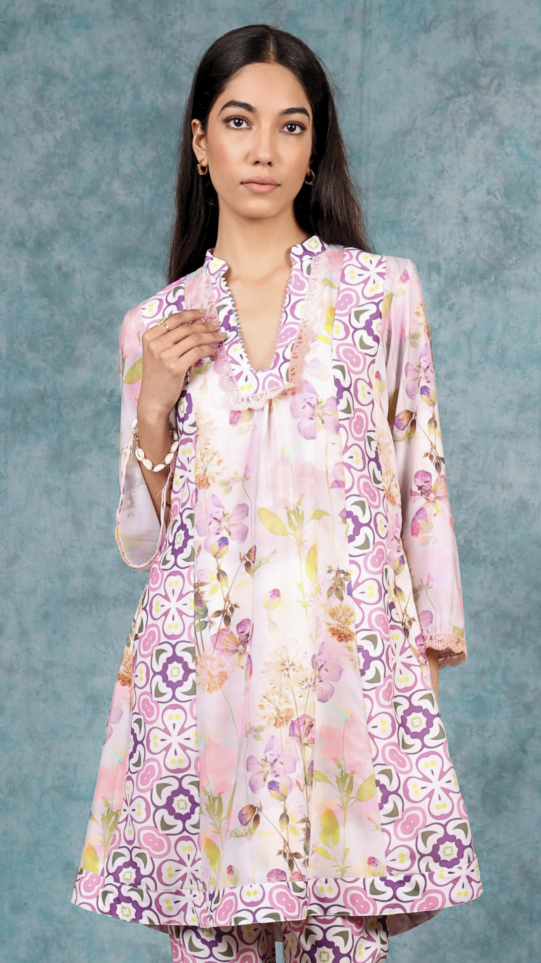 Lilac floral print Tunic Kurti Set